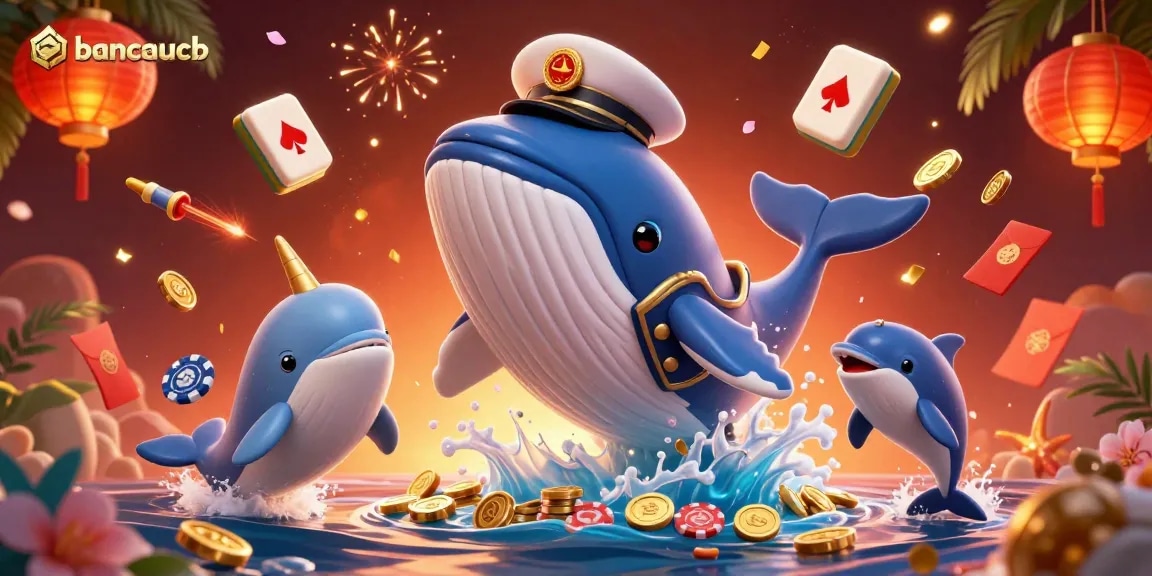Experience the excitement of bancaucb with giant whale and playful dolphins in a vibrant underwater scene.