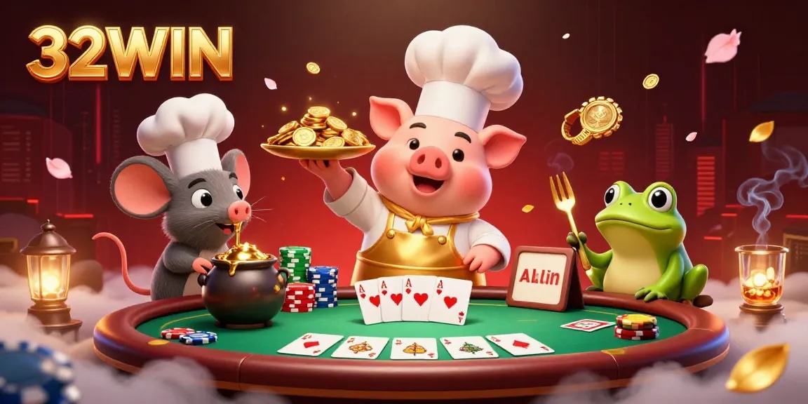 Experience the thrill of 32WIN with gourmet gold coins, poker chips, and casino action!