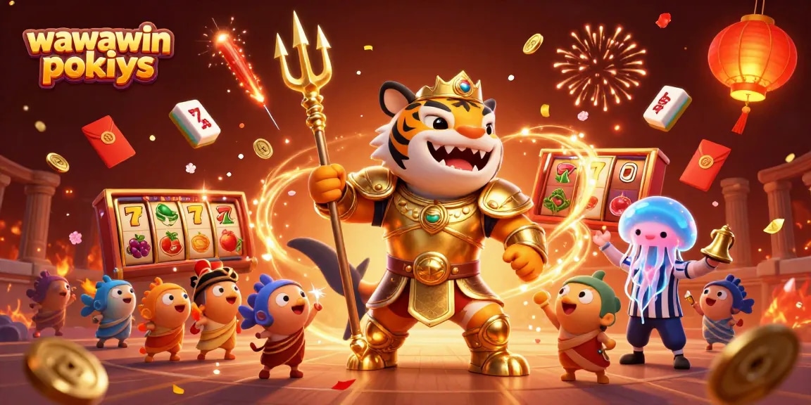 Experience thrilling wawawin pokies with vibrant characters and dynamic slot elements in a spectacular casino scene.