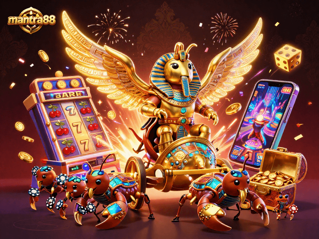 Win big at mantra88 with thrilling slot machines and dynamic casino games in this vibrant illustration.
