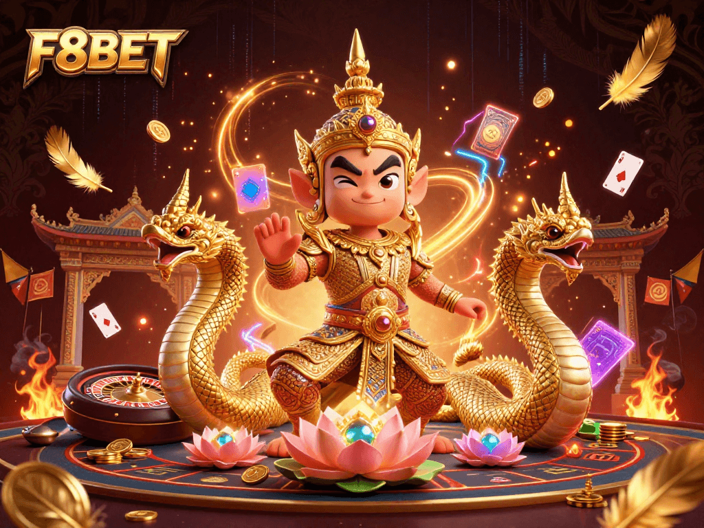 Experience thrilling gameplay with F8BET in a lively casino scene featuring vibrant characters and golden elements.