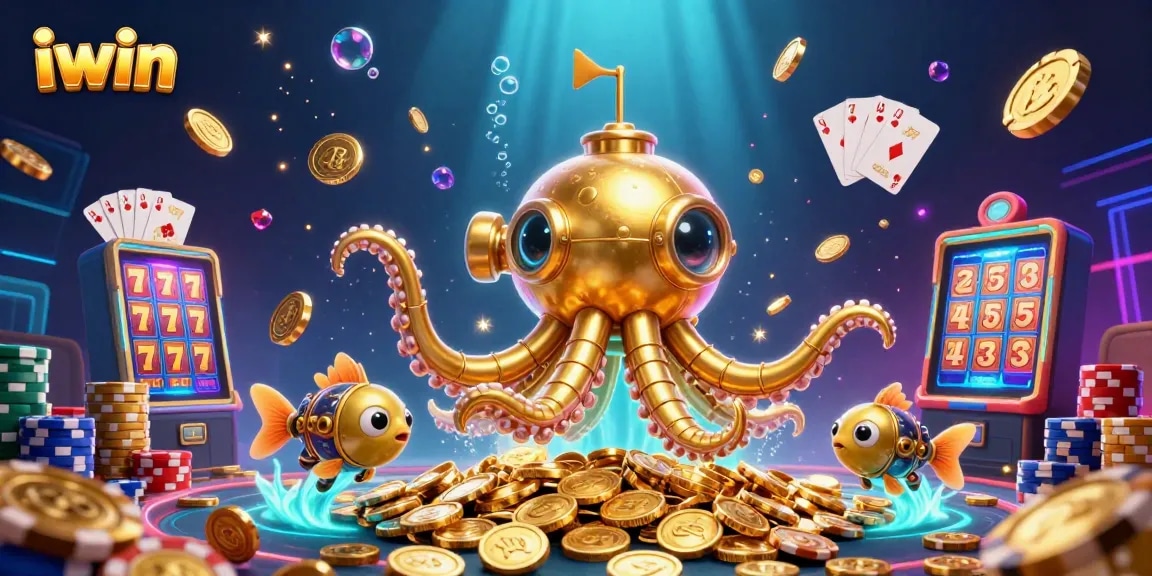 Experience iwin's exciting slots with this vibrant 3D underwater casino scene filled with treasures.