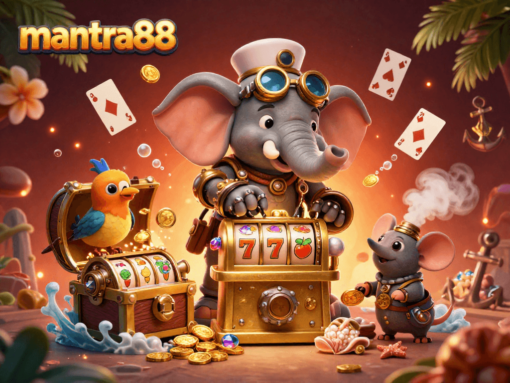 Spin the slots with mantra88 in this dynamic casino scene filled with treasures and vivid characters.