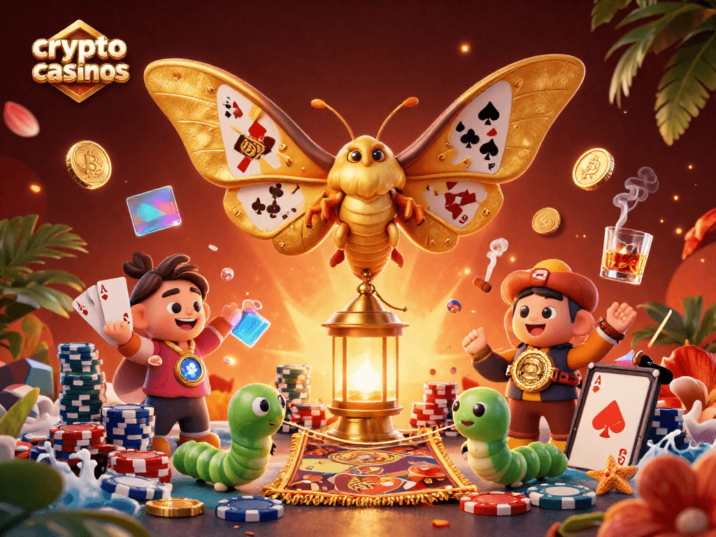 Jouer sur les crypto casinos avec un élégant papillon et de nombreux éléments de jeu autour.