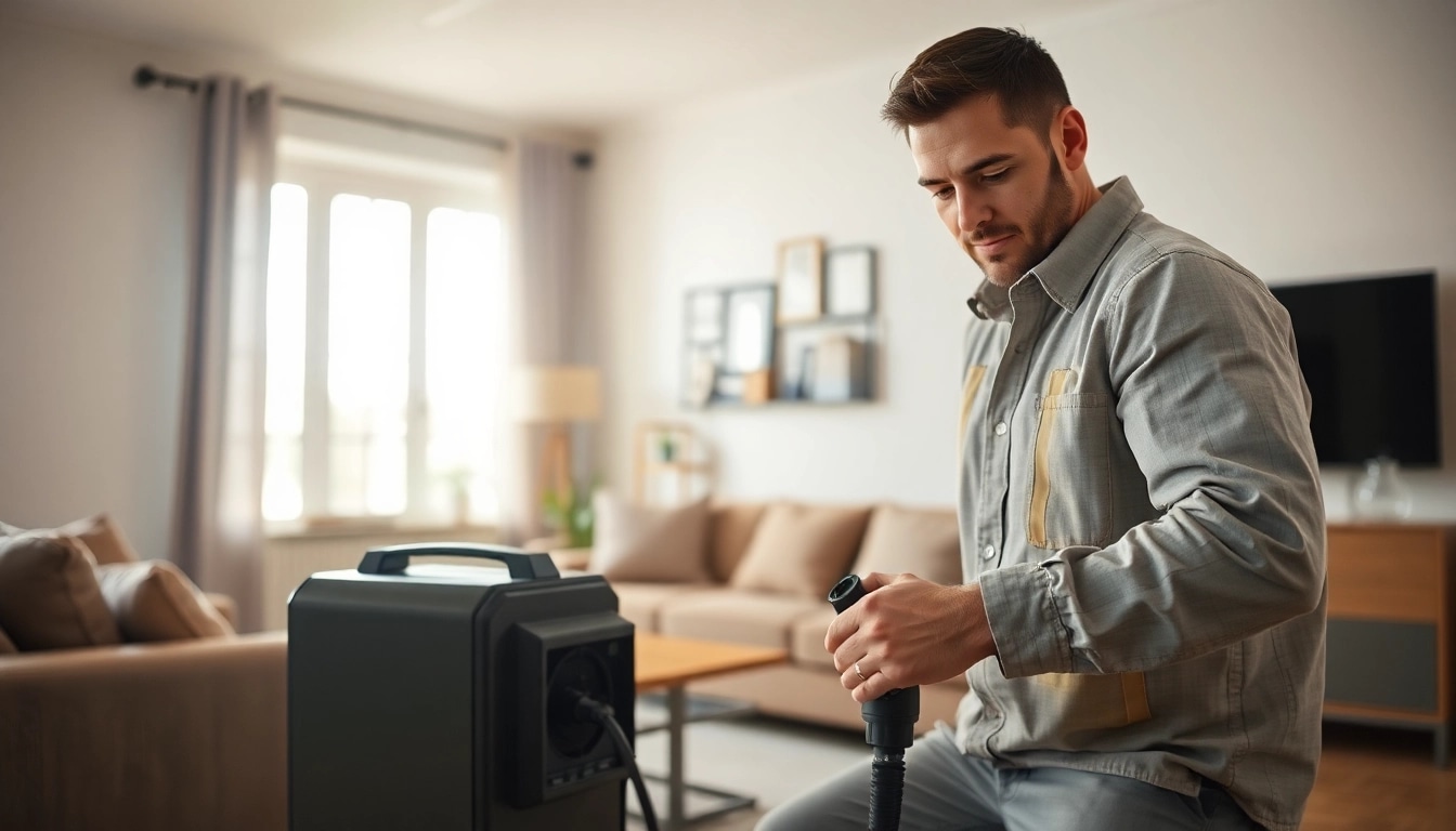 Illustration of bed bug heat treatment demonstration with professional equipment in a living room.