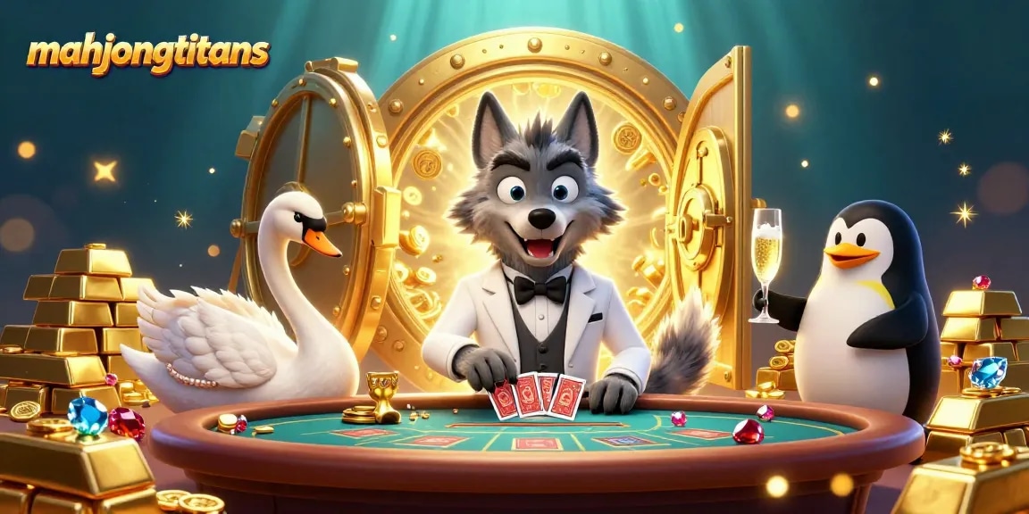 Experience the magic of mahjongtitans in a vibrant casino scene with elegant characters and treasures.