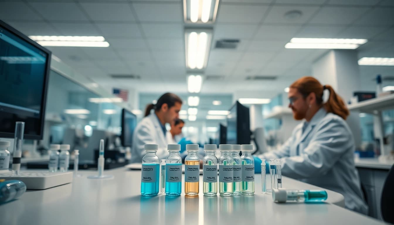 Buying melanotan 1 for sale with researchers analyzing peptides in a professional lab environment.