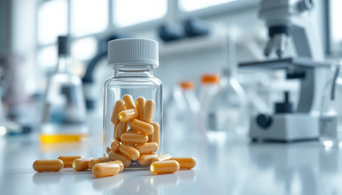 Showcase 5-amino-1mq capsules in a lab setting with scientific instruments, emphasizing quality.