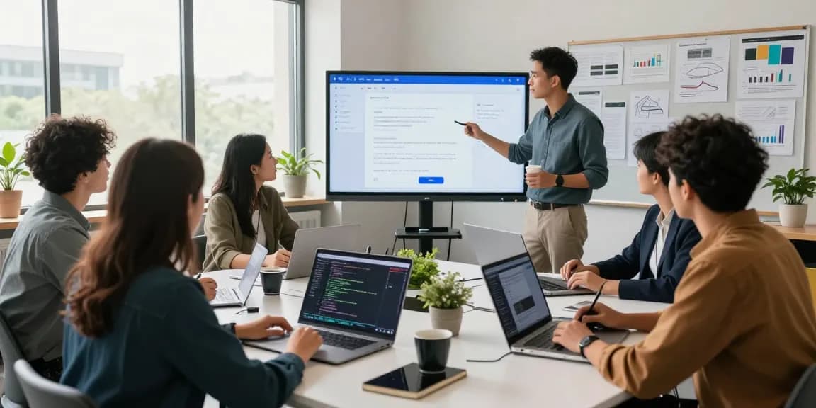 Build internal tools with AI in a modern collaborative workspace with a diverse team brainstorming innovative solutions.