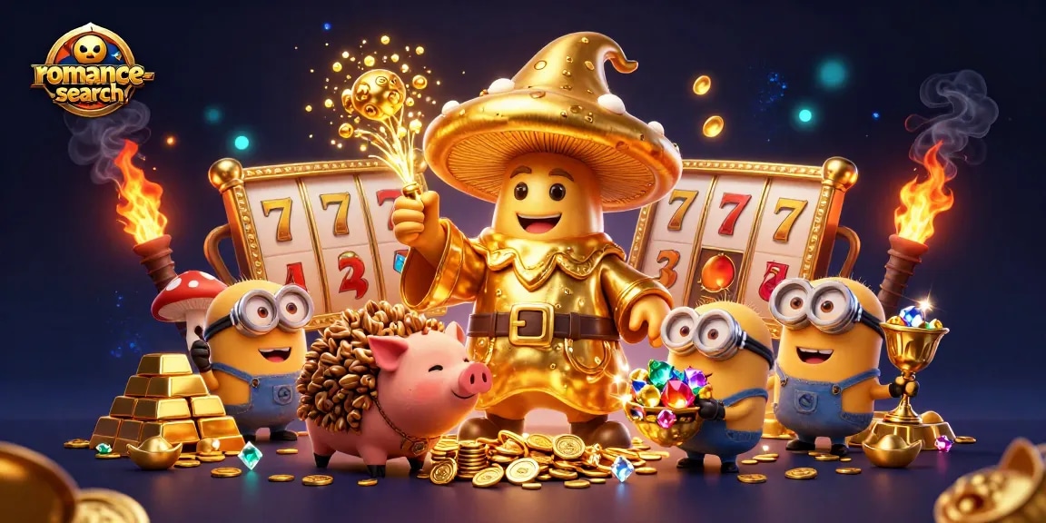 Spin to win with romance-search as the golden mushroom wizard channels treasure magic in a casino adventure.
