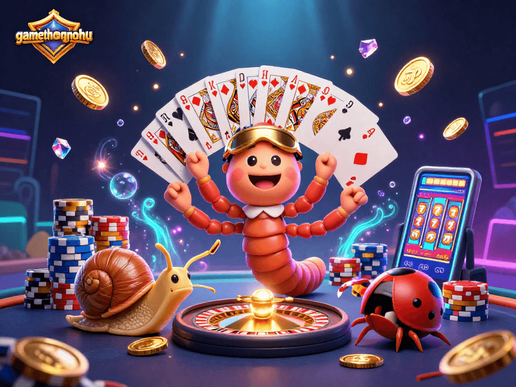 Experience the thrill of gamethuongnohu as a millipede dealer juggles cards amidst a dazzling casino atmosphere.