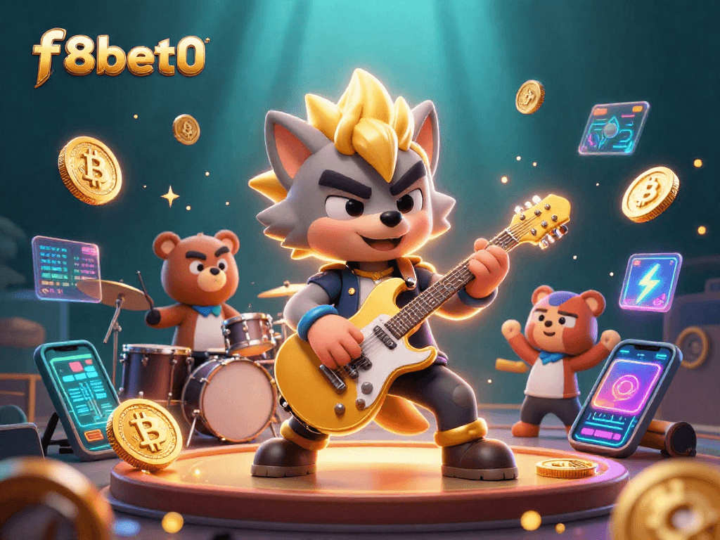 Join the action at f8bet0 with a lively 3D casino scene featuring a rock star wolf and crypto elements.