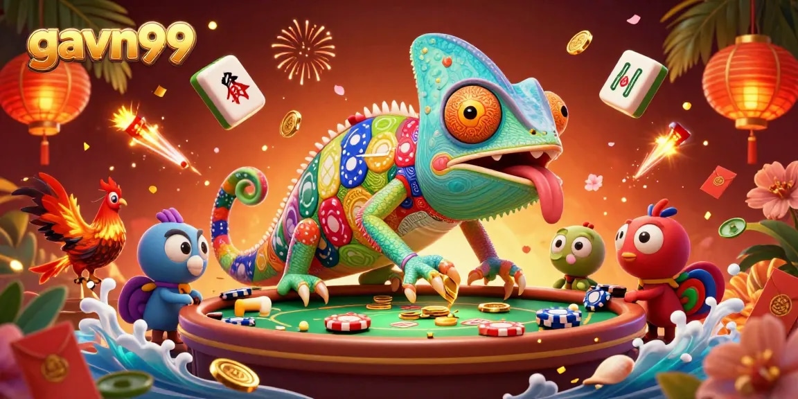 Experience the excitement of gavn99 with a chameleon casino owner amidst a vibrant cockfighting scene.