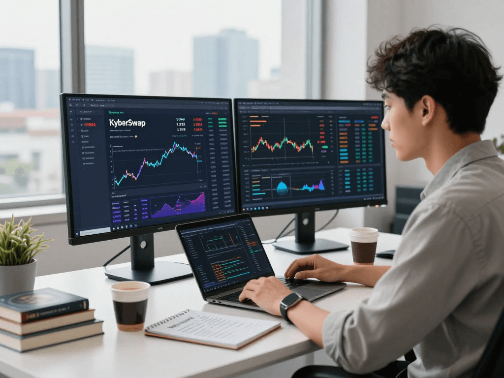 Trader using KyberSwap on dual-screen workstation, showcasing decentralized finance in a modern office setting.