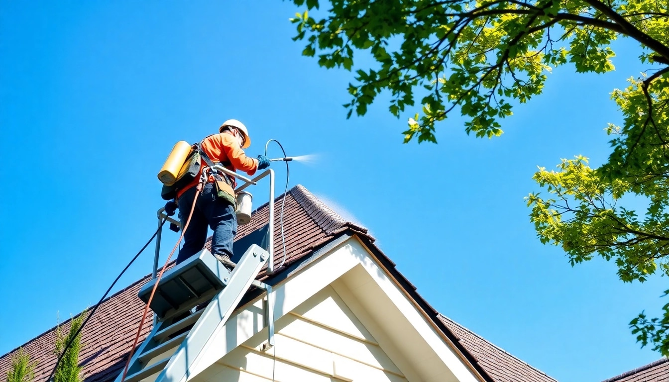 Roof Cleaning service showcasing professionals cleaning a residential roof with eco-friendly products.