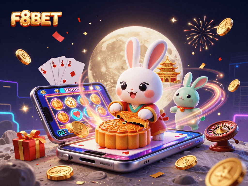 Experience the thrill of F8BET, where a moon rabbit unveils poker chips in a colorful casino scene.