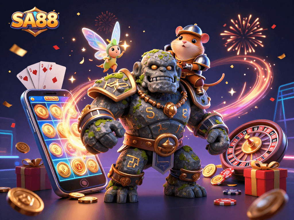 SA88 players exploring a vibrant 3D casino landscape with animated characters and mobile gaming elements.