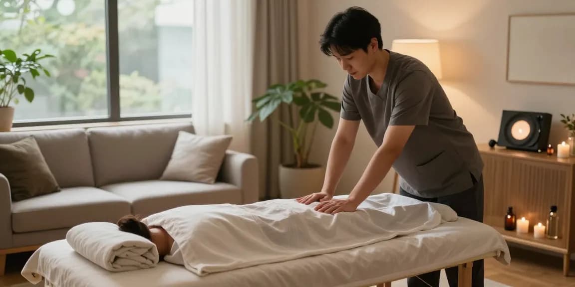 Serene home massage setup for 성남출장안마, featuring calming atmosphere with soft lighting, essential oils, and relaxing elements.