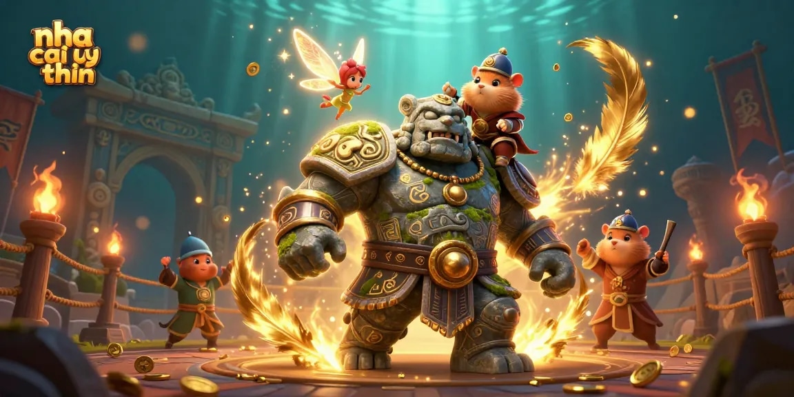 Experience the magic of nha cai uy tin with a 3D illustration featuring a stone golem and magical companions.