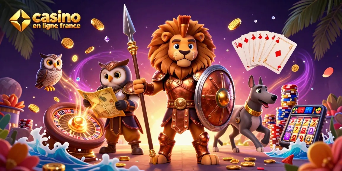 Jouez au casino en ligne France avec cette illustration 3D dynamique, mettant en avant des personnages et des éléments de jeu captivants.