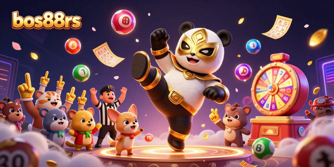 Experience the excitement of bos88rs with a vibrant scene of a wrestling panda, bingo games, and cheering spectators.