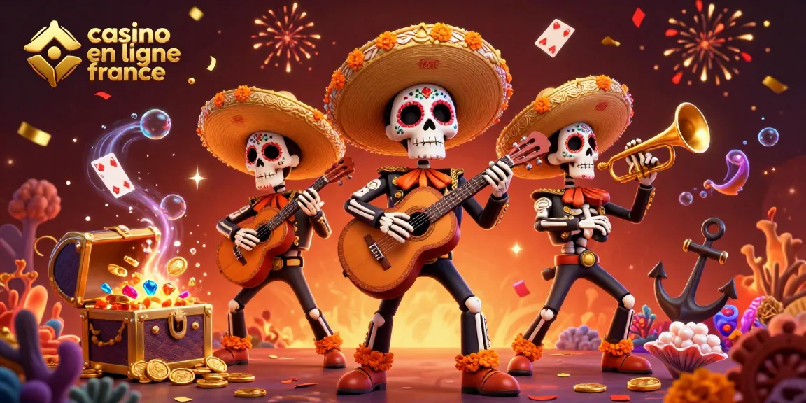 Les joueurs de casino en ligne France célèbrent avec des squelettes mariachi joyeux et des trésors sous-marins éclatants.