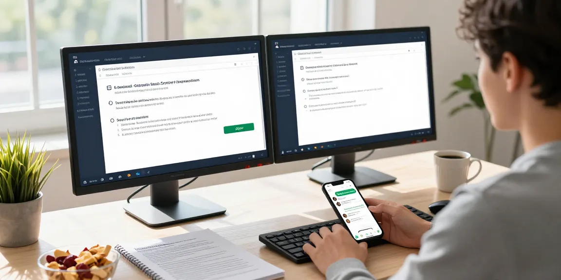 Focused individual using a dual-monitor setup for 먹튀스팟 검증사이트 verification in a bright workspace.