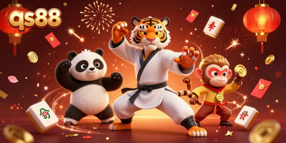 Experience the excitement of qs88 with a dynamic scene featuring a kung fu tiger, panda, and monkey amidst vibrant casino elements.
