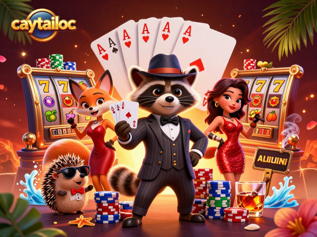 Experience the excitement of caytailoc as the suave raccoon achieves a royal flush amid vibrant slots and glamour.