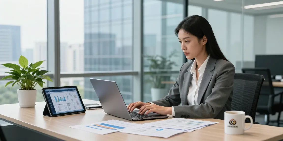 Professional woman using a business valuation calculator in a modern office