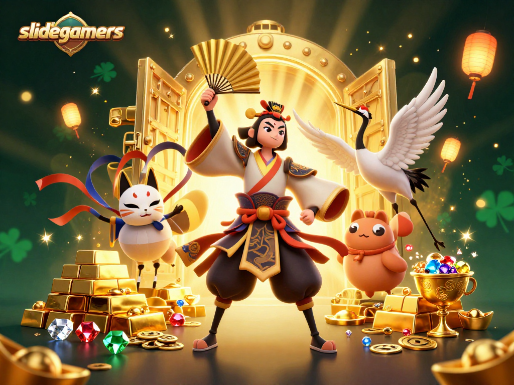 Engage in dynamic gaming with slidegamers, featuring vibrant 3D characters amidst a gold treasure scene.