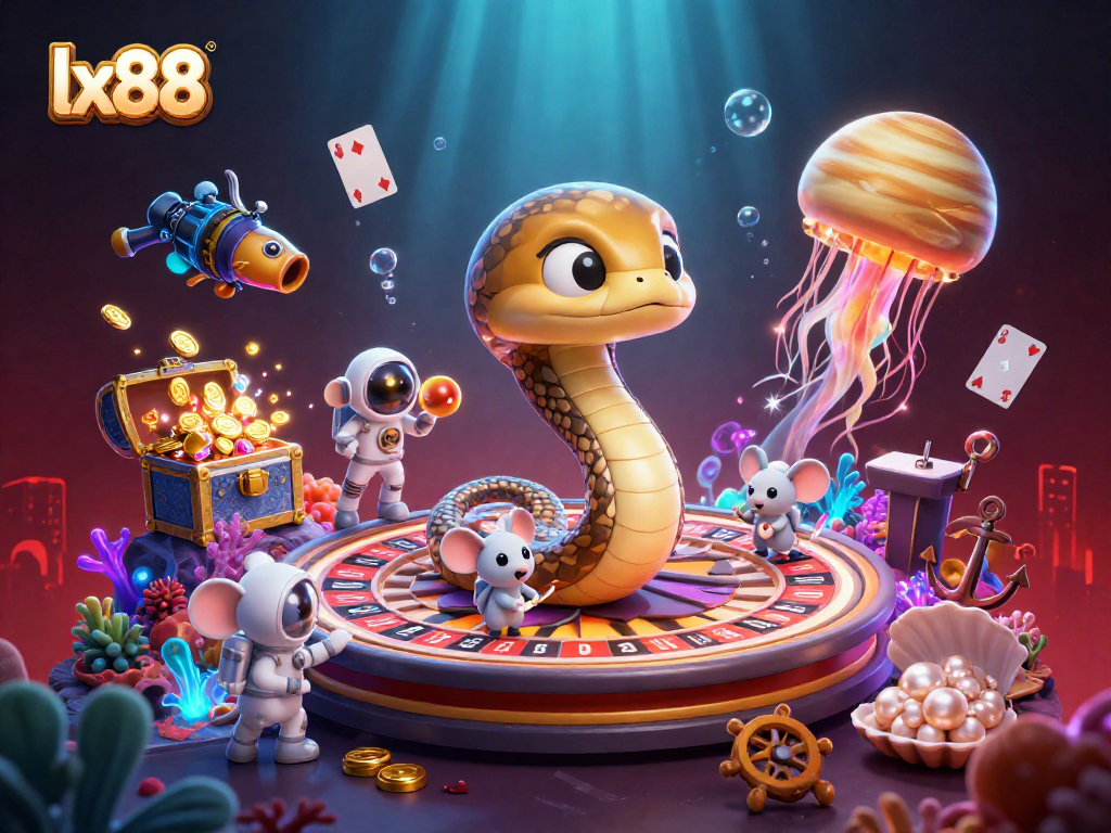 Place bets on the lx88 roulette wheel as astronauts bet amidst vibrant underwater treasures.