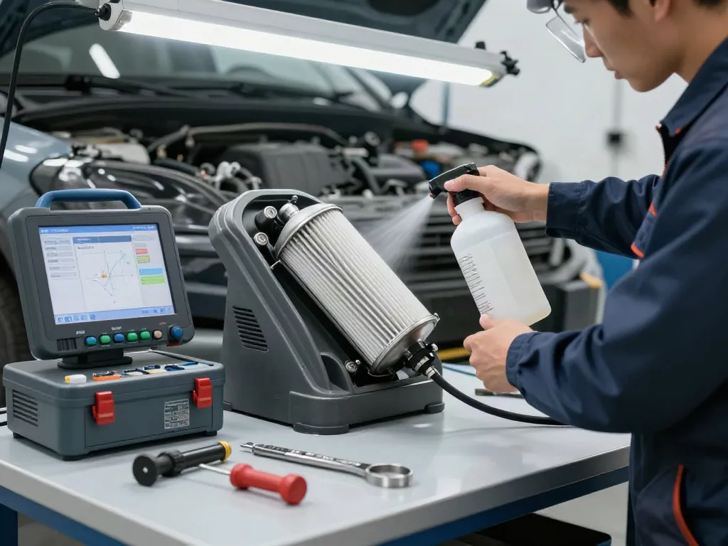 Mechaniker reinigt den DPF in einer professionellen Werkstatt für dpf reinigen