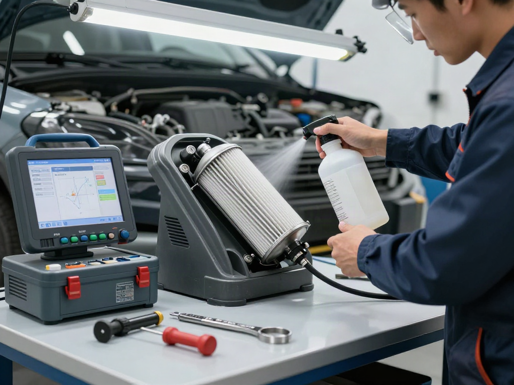 Mechaniker reinigt den DPF in einer professionellen Werkstatt für dpf reinigen