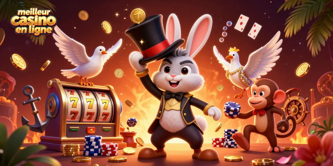 Image illustrant le meilleur casino en ligne avec un lapin magicien tirant des pièces, une colombe glamour et un singe espiègle.