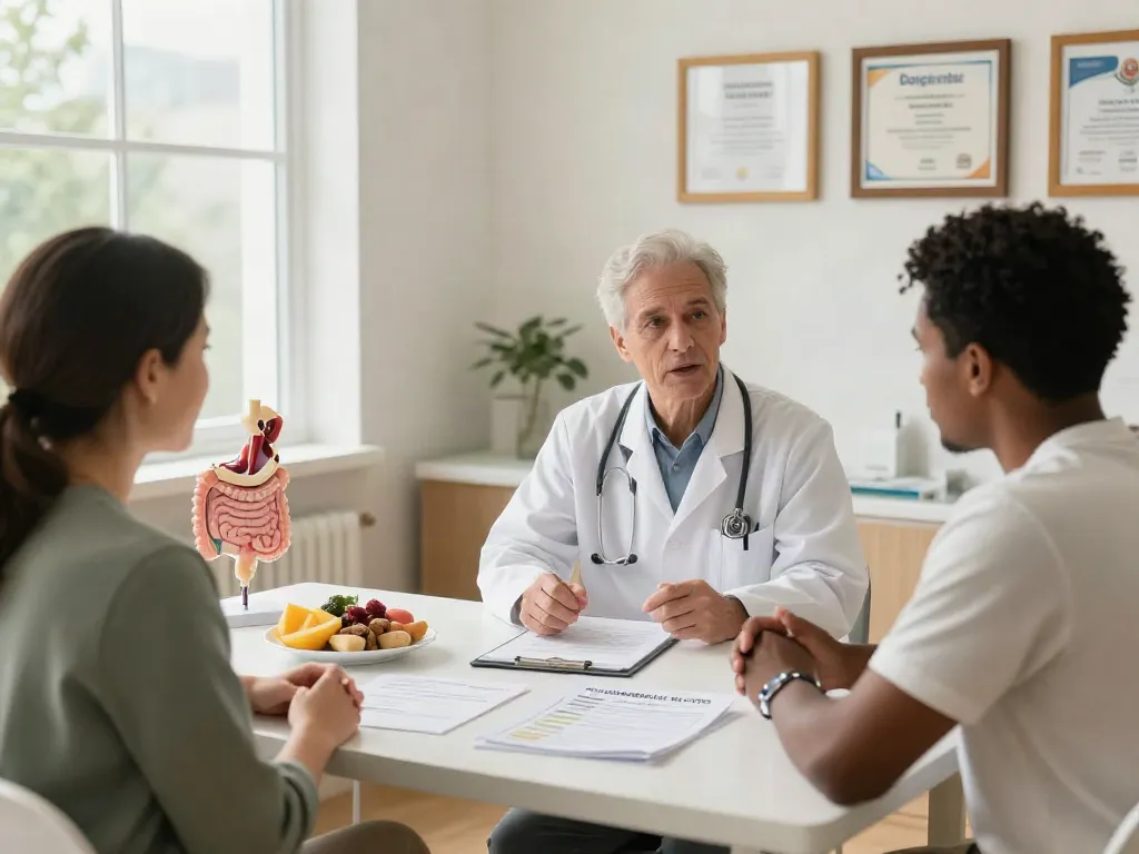 Consultation on irritable bowel syndrome symptoms between patient and doctor in a welcoming healthcare environment.