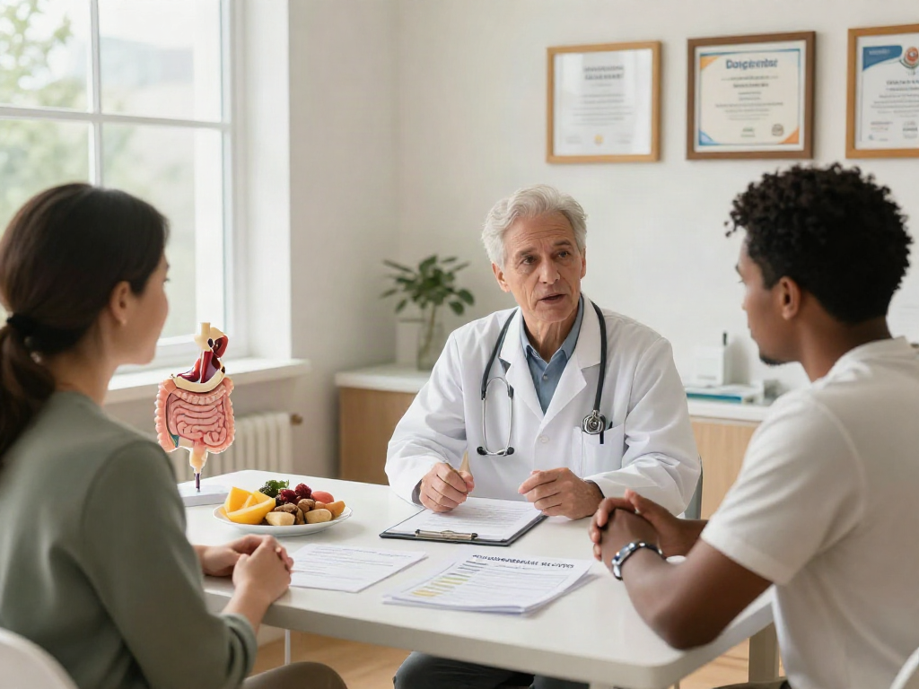 Consultation on irritable bowel syndrome symptoms between patient and doctor in a welcoming healthcare environment.