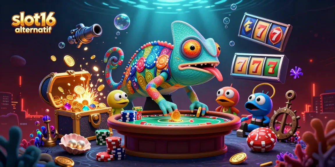 Engaging slot16 alternatif illustration showcasing a vibrant chameleon casino owner amidst gold coins and colorful slot reels.
