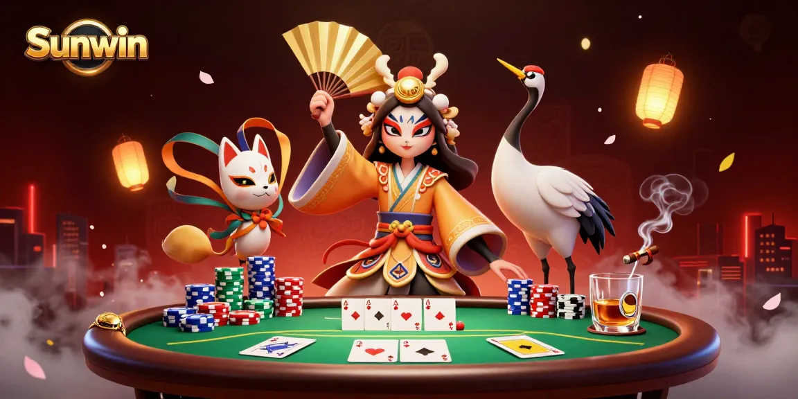 Experience thrilling poker gameplay with Sunwin's vibrant characters amidst dynamic casino elements.