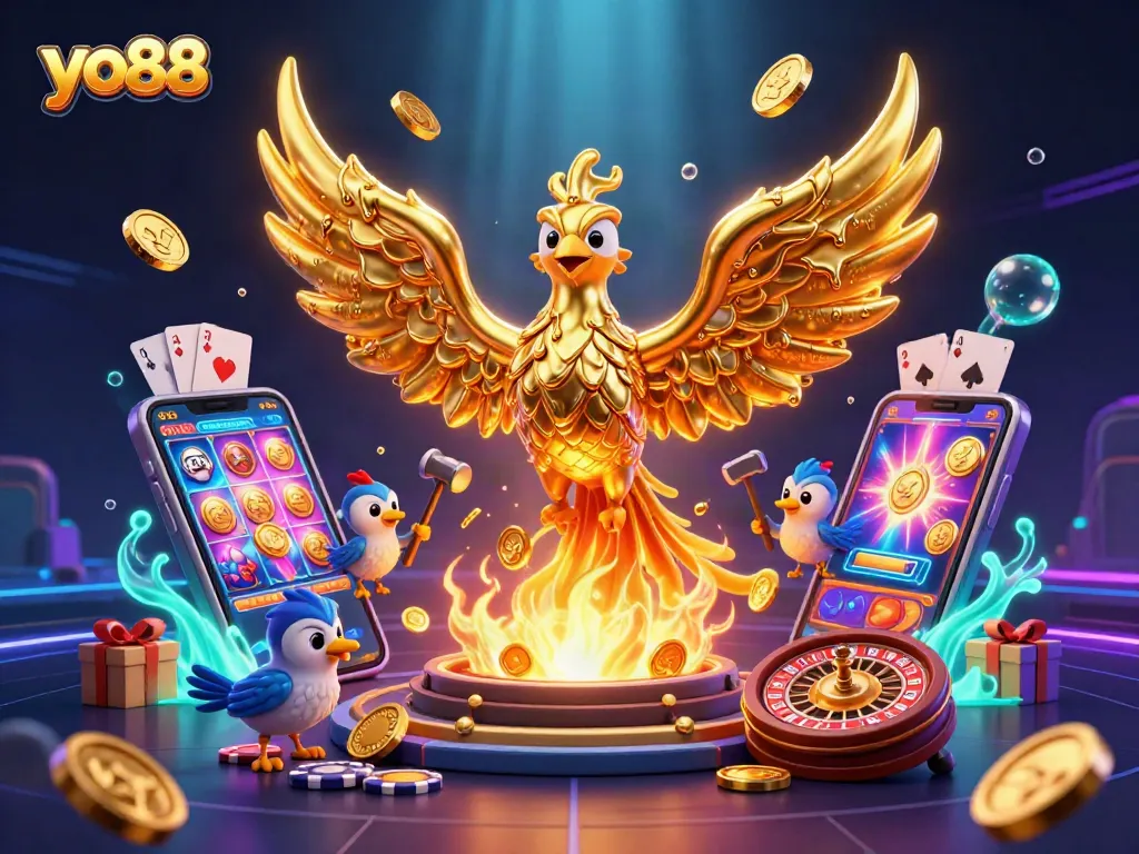 Spin the reels and win with yo88's immersive casino experience featuring a golden phoenix!
