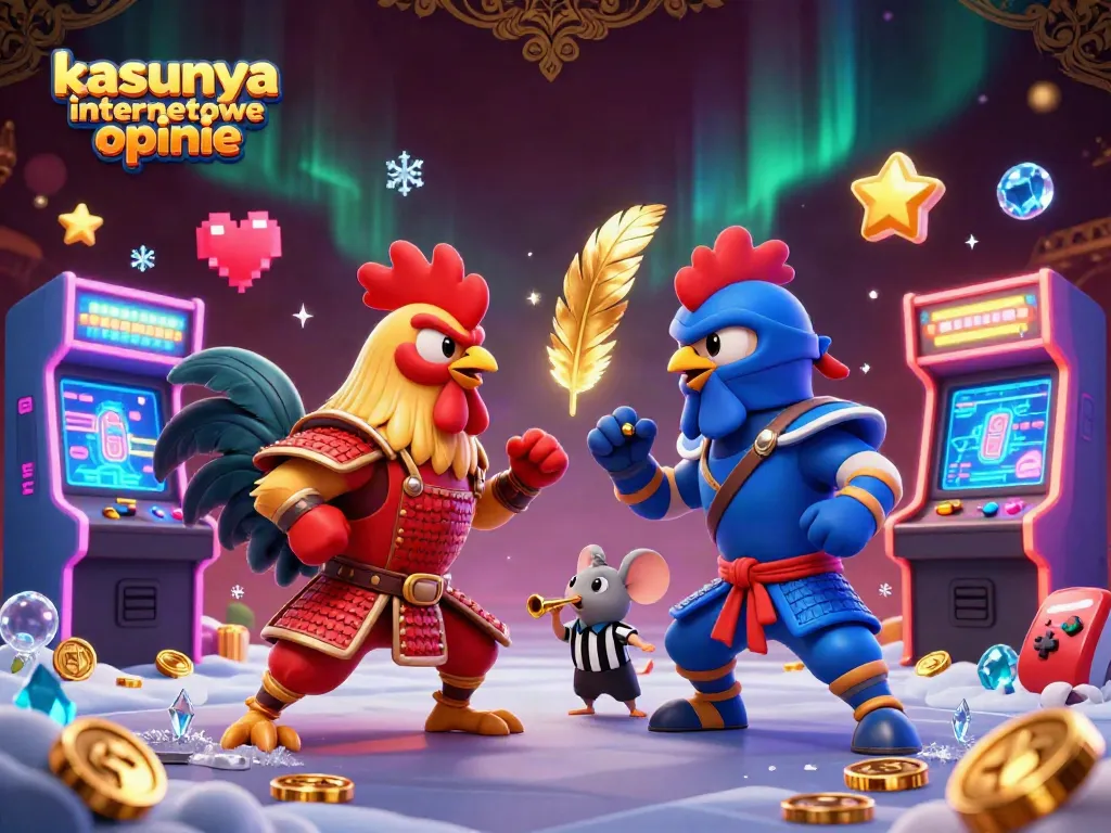 Experience thrilling battles with kasyna internetowe opinie, featuring samurai and ninja roosters in a vibrant casino setting.