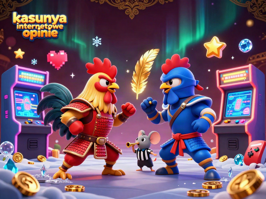Experience thrilling battles with kasyna internetowe opinie, featuring samurai and ninja roosters in a vibrant casino setting.