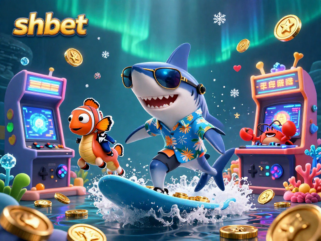Sail with shbet to riches, as a shark surfs gold coins in a lively underwater casino scene.