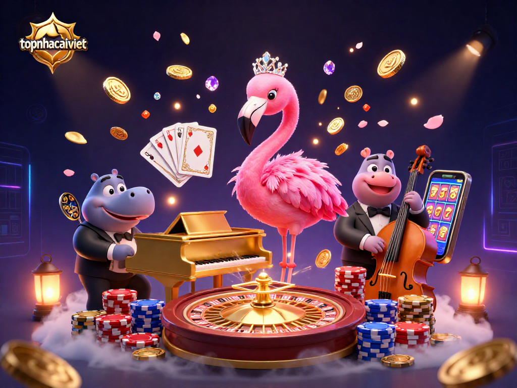 Experience the vibrant world of topnhacaiviet with flamingo singers, dazzling casino elements, and engaging gameplay.
