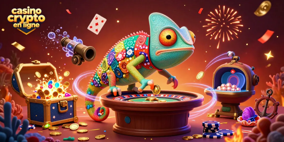 Jouer dans un casino crypto en ligne avec un propriétaire caméléon attrapant des pièces d'or, entouré de joyaux et de cartes flottantes.