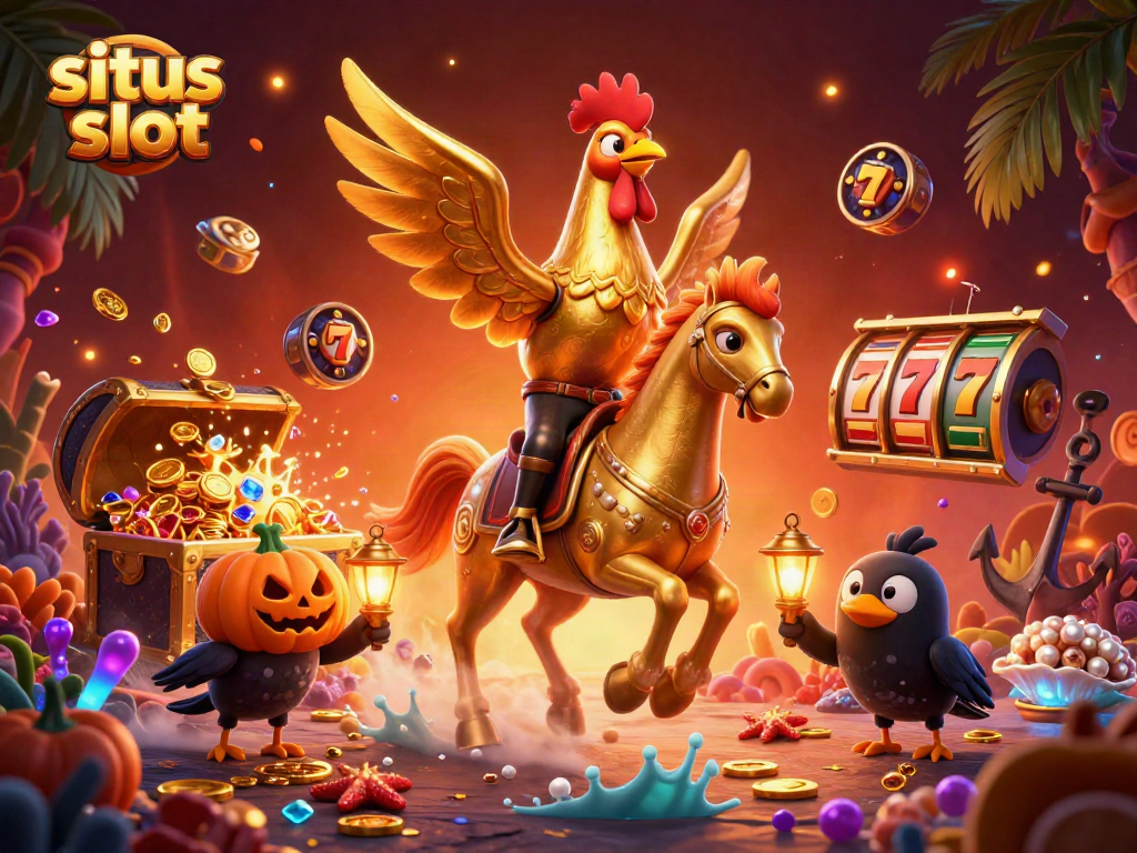 Engage with situs slot excitement in a vibrant 3D casino scene of golden rooster characters.