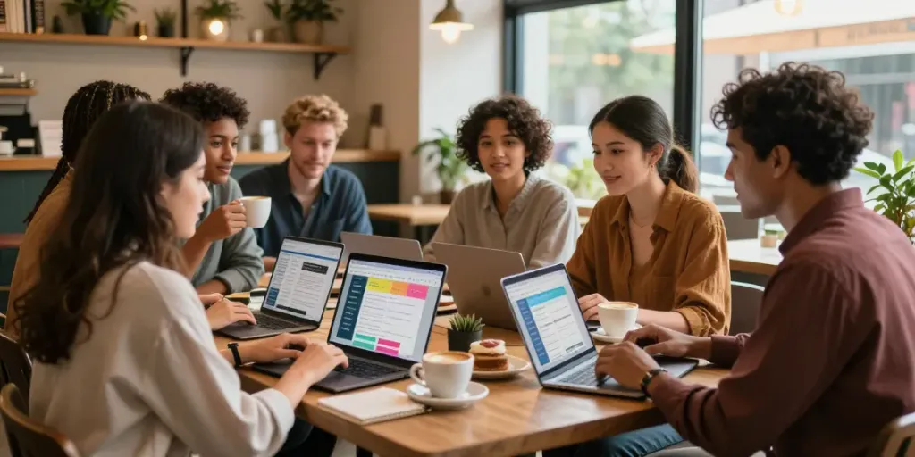 A group discussion in a café about a great post to read, showcasing bloggers with laptops and notebooks.