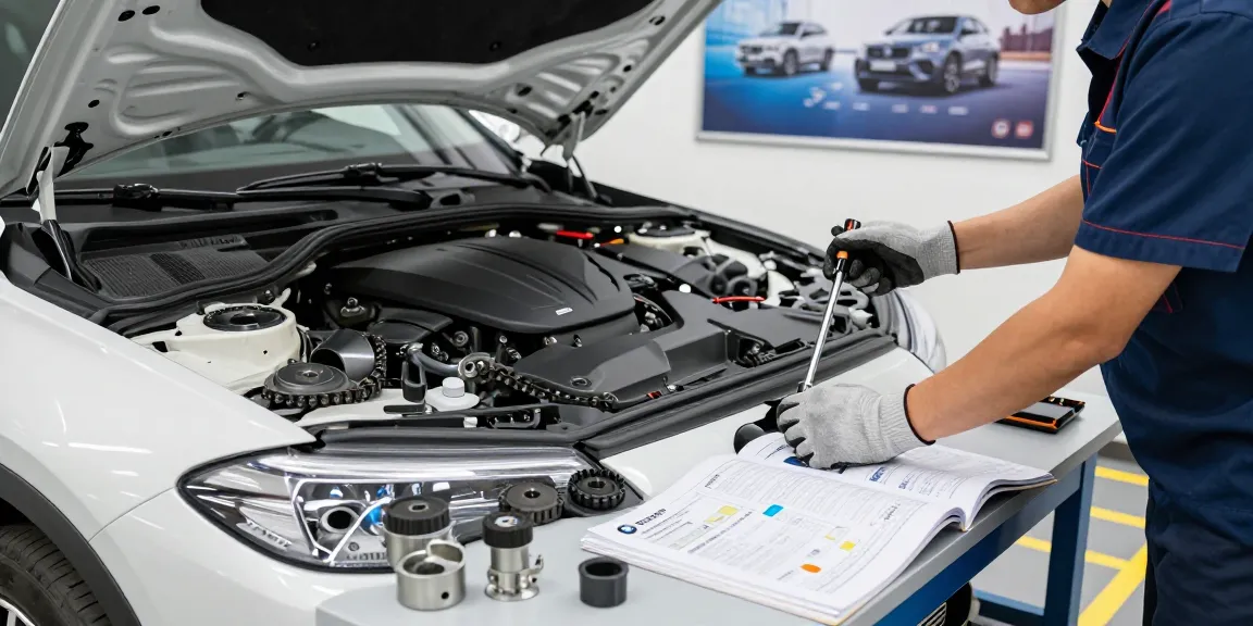 BMW Steuerkette Hannover - Mechaniker inspiziert BMW-Motor in moderner Werkstatt.