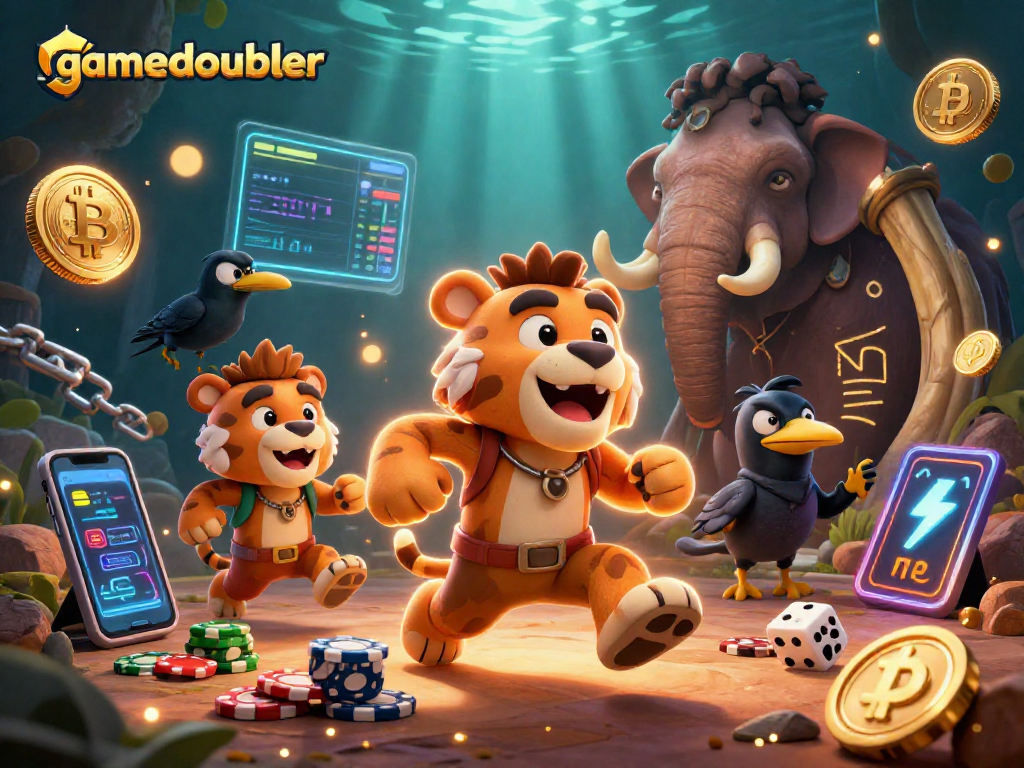 Win big at gamedoubler with a vibrant 3D casino scene showcasing characters and crypto elements.
