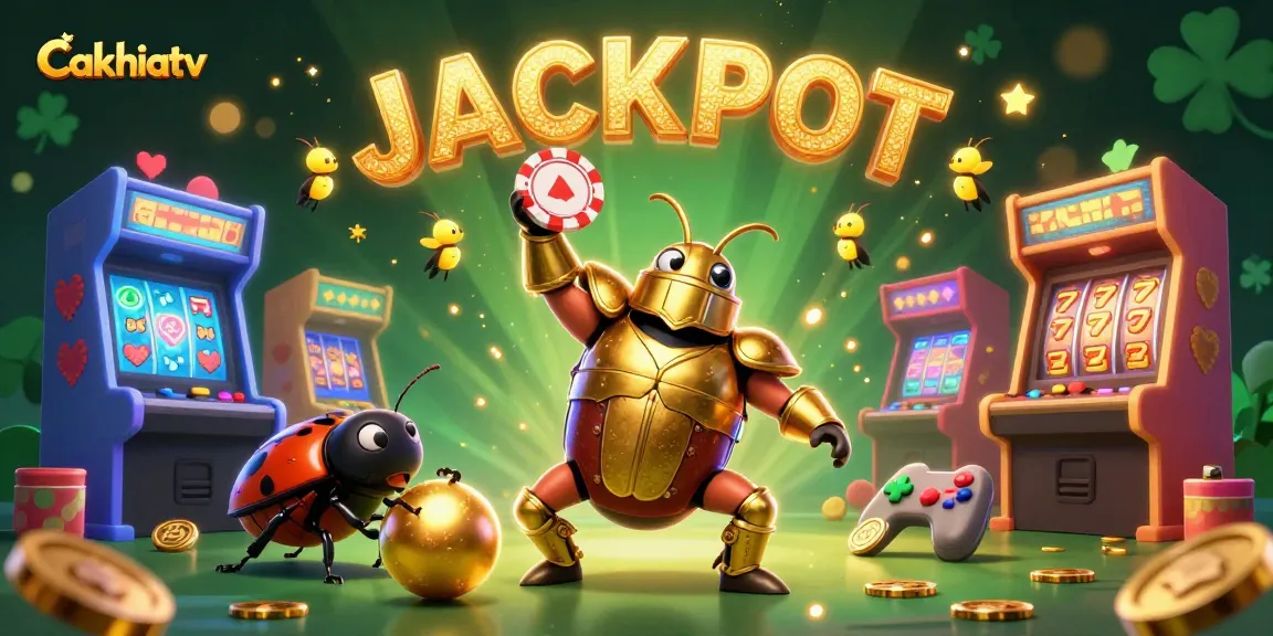 Cakhiatv showcases a victorious beetle lifting a poker chip amidst glittering casino symbols, celebrating gaming wins.